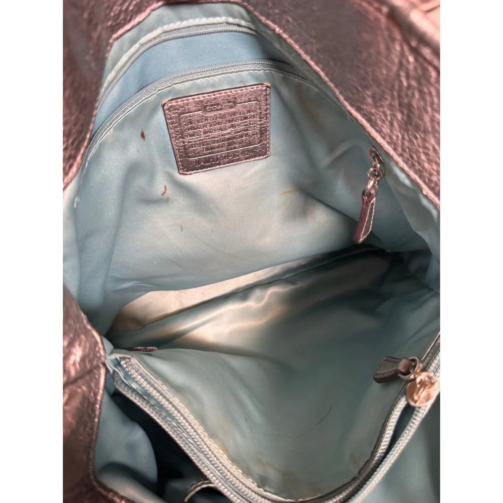Coach Poppy Camelia Pushlock Metallic Silver Leather Shoulder Bag Tote 17924